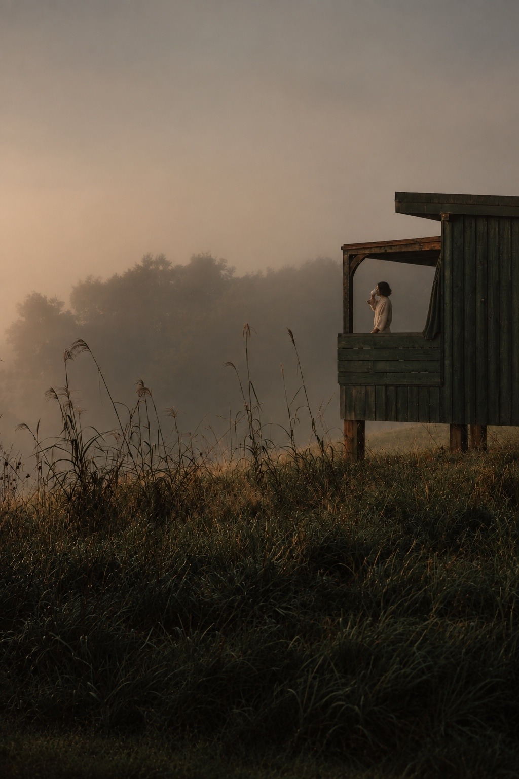 Cabane K-HUTES émergeant de la brume au petit matin dans les Landes